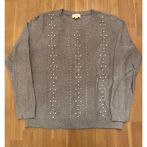 LOFT Outlet Women's Gray Pearl Embellished Crew Neck Sweater Size L
